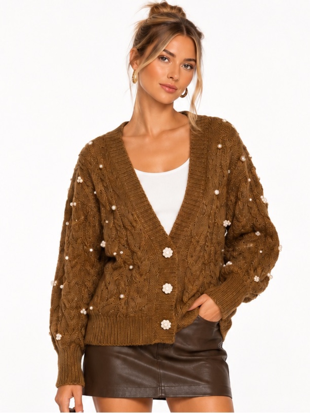 En Saison Brown Cable-Knit Cardigan with Pearl Flower Buttons
